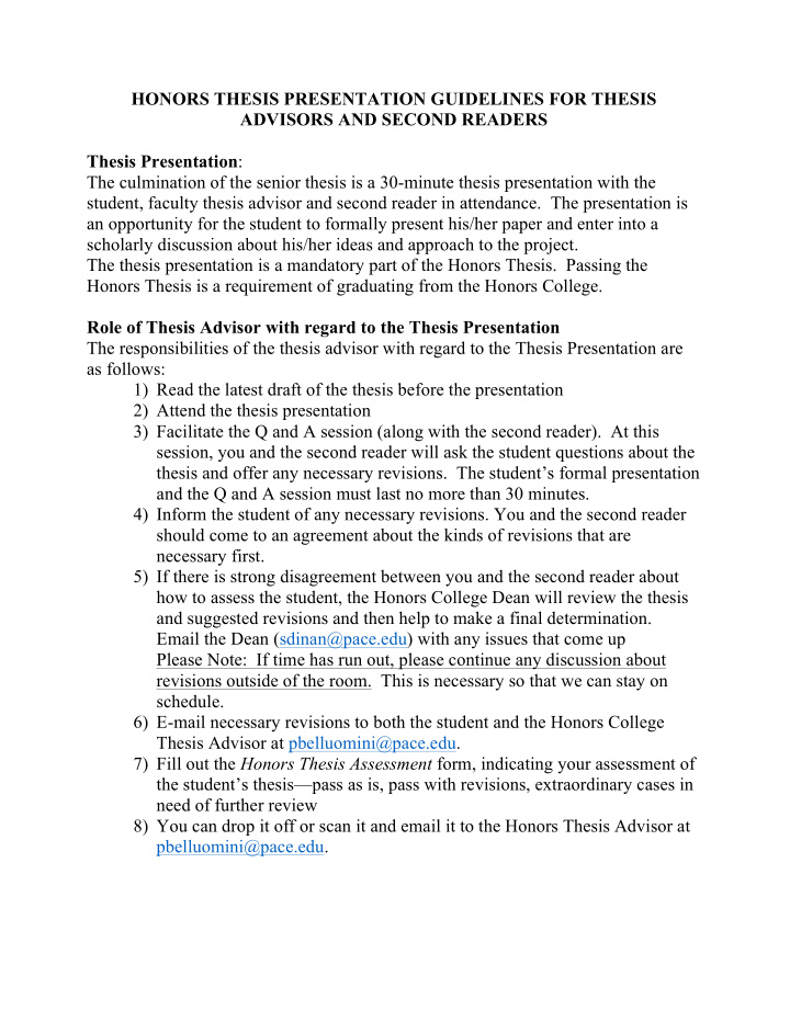 honors thesis presentation guidelines for thesis advisors