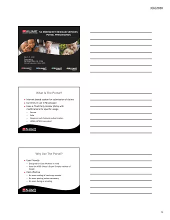 3/6/2020  NC EMERGENCY MEDICAID SERVICES  PORTAL PRESENTATION  March 11, 2020  Presented by  Jay