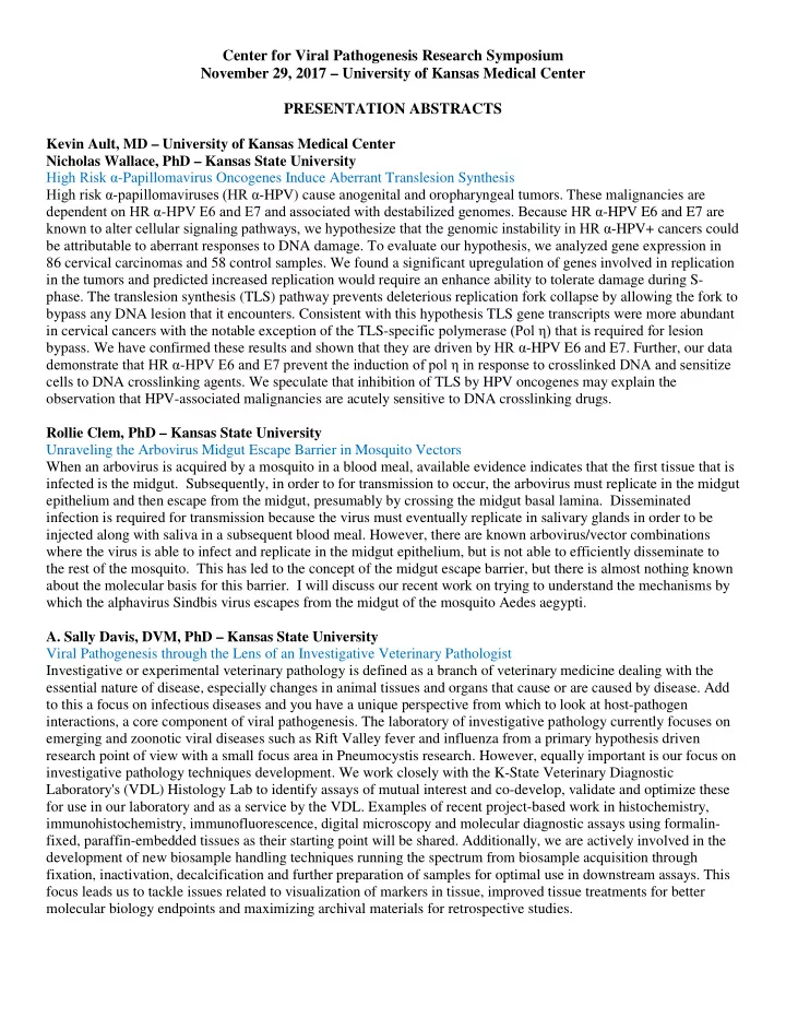 center for viral pathogenesis research symposium november