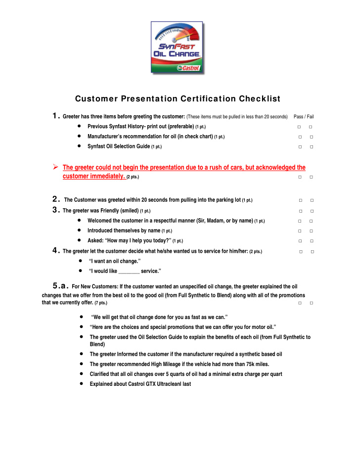 customer presentation certification checklist 1 greeter