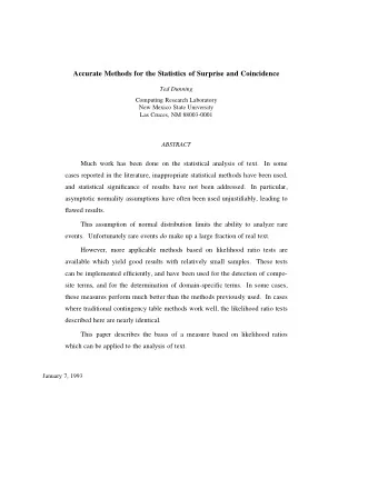 Accurate Methods for the Statistics of Surprise and Coincidence  Ted Dunning  Computing Research