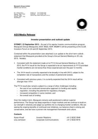 Macquarie Group Limited 20 th CLSA Investors Forum  24-25 September 2013 Patrick Upfold, Chief