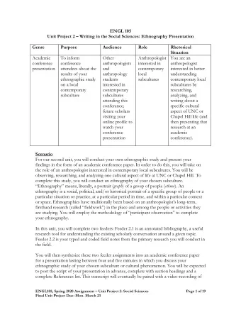 ENGL 105 Unit Project 2  Writing in the Social Sciences: Ethnography Presentation  Genre