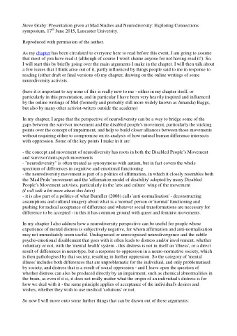 Steve Graby: Presentation given at Mad Studies and Neurodiversity: Exploring Connections symposium,
