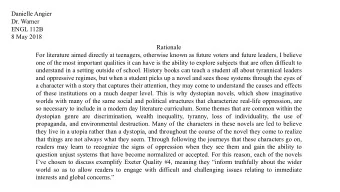 Danielle Angier  Dr. Warner  ENGL 112B  8 May 2018  Rationale  For literature aimed directly at