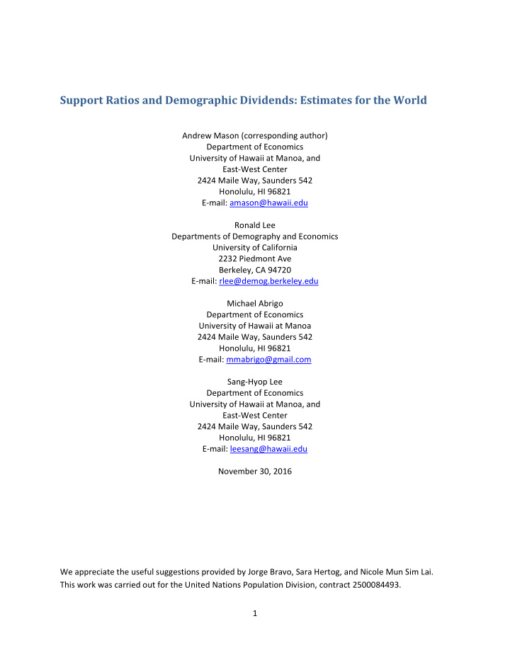 support ratios and demographic dividends estimates for