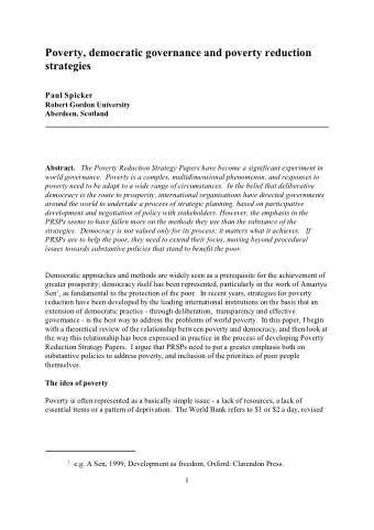 Poverty, democratic governance and poverty reduction  strategies  Paul Spicker  Robert Gordon