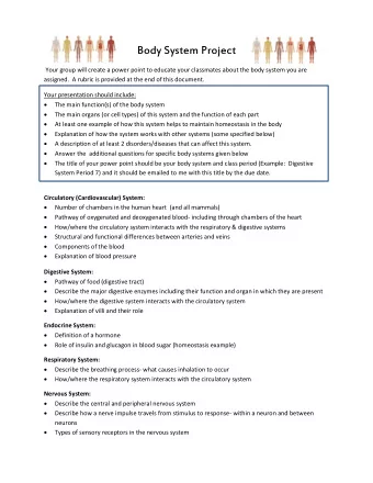 Body System Project  Your group will create a power point to educate your classmates about the body