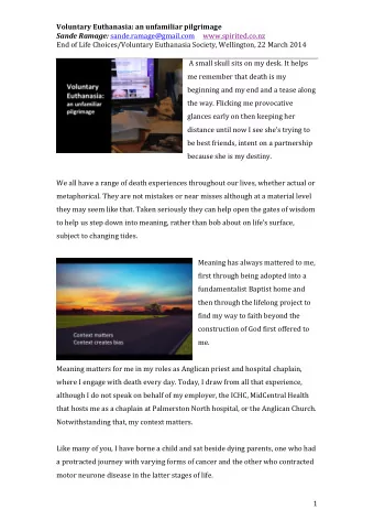 Voluntary  Euthanasia:  an  unfamiliar  pilgrimage   Sande  Ramage: