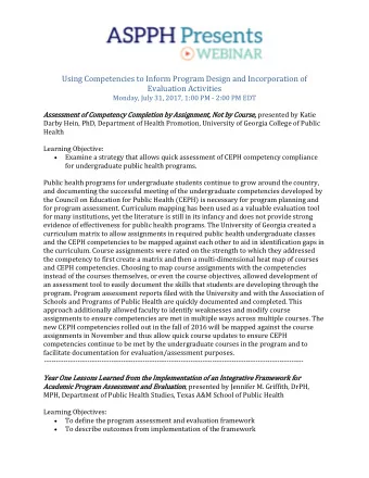 Using Competencies to Inform Program Design and Incorporation of  Evaluation Activities  Monday,