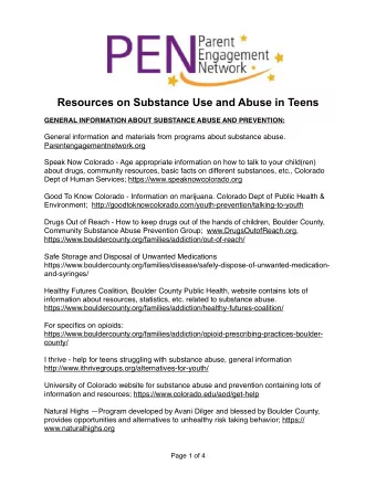 Resources on Substance Use and Abuse in Teens  GENERAL INFORMATION ABOUT SUBSTANCE ABUSE AND