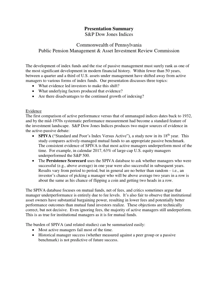 presentation summary s amp p dow jones indices