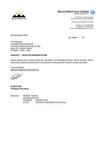 Mount Gibson Iron Limited  ABN 87 008 670 817  First Floor, 7 Havelock Street  West Perth  6005,