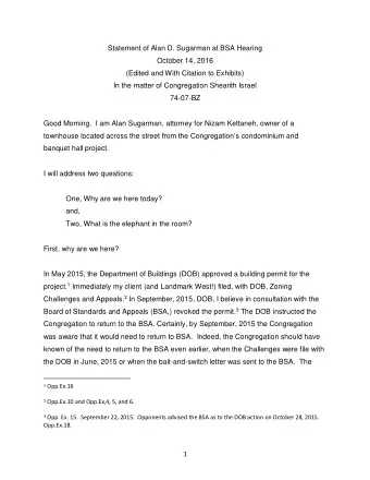 Statement of Alan D. Sugarman at BSA Hearing  October 14, 2016  (Edited and With Citation to
