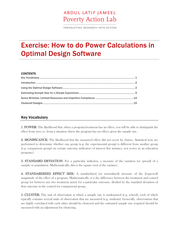exercise how to do power calculations in optimal design
