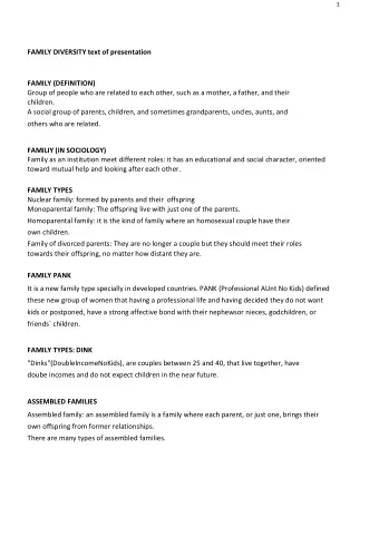 FAMILY DIVERSITY text of presentation  FAMILY (DEFINITION)  Group of people who are related to each