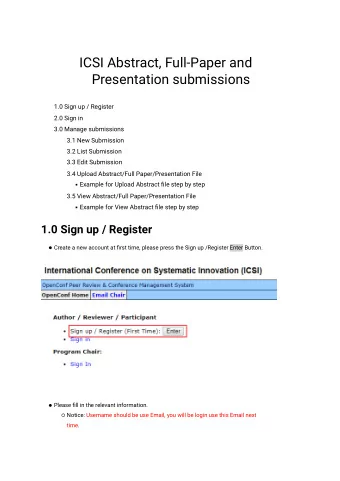 ICSI Abstract, Full-Paper and  Presentation submissions  1.0 Sign up / Register  2.0 Sign in  3.0
