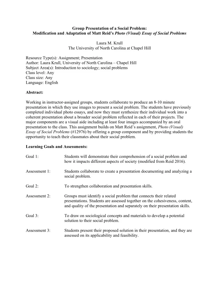 group presentation of a social problem modification and