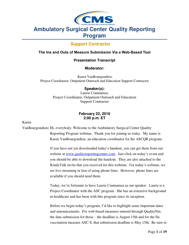 ambulatory surgical center quality reporting program