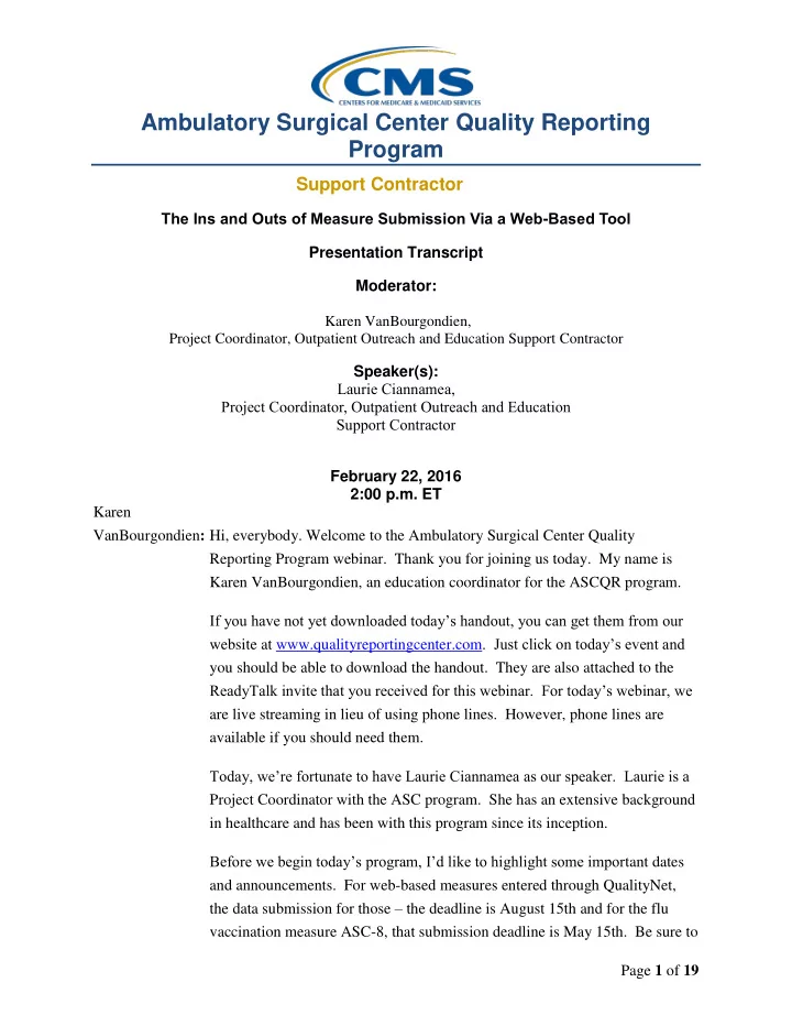 ambulatory surgical center quality reporting program