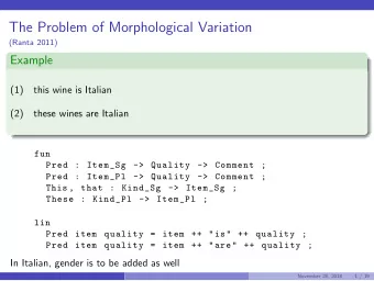 The Problem of Morphological Variation  (Ranta 2011)  Example  (1)  this wine is Italian  (2)