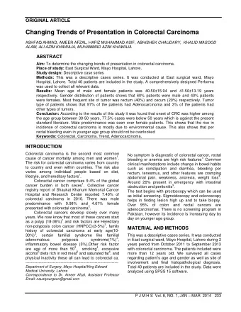 Changing Trends of Presentation in Colorectal Carcinoma ASHFAQ AHMAD, AMEER AFZAL, HAFIZ MUHAMMAD