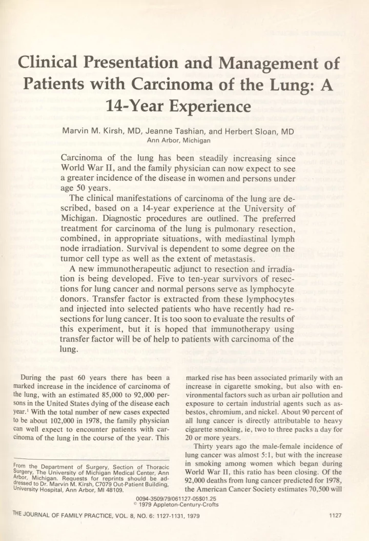 patients with carcinoma of the lung a 14 year experience