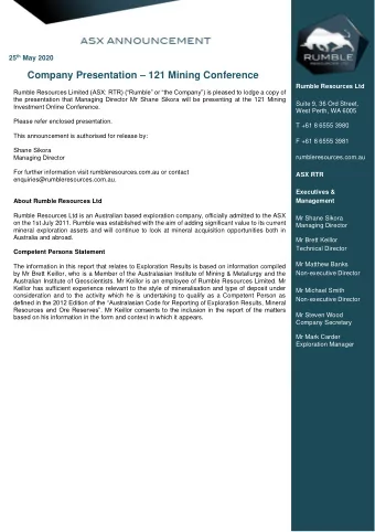 Company Presentation  121 Mining Conference  Rumble Resources Ltd Rumble Resources Limited (ASX: