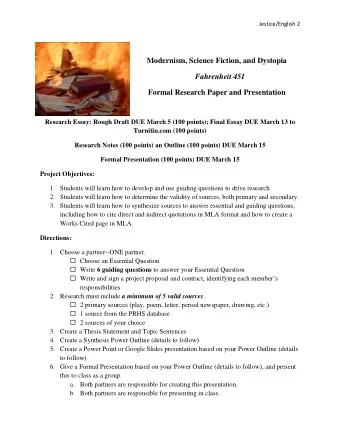 Modernism, Science Fiction, and Dystopia  Fahrenheit 451  Formal Research Paper and Presentation