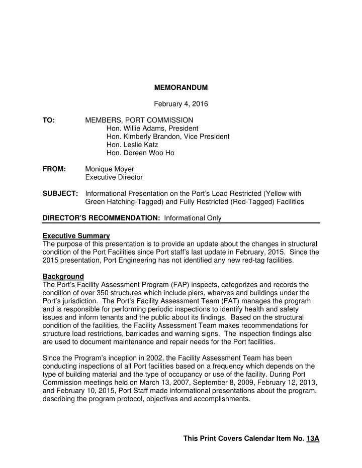 memorandum february 4 2016 to members port commission hon