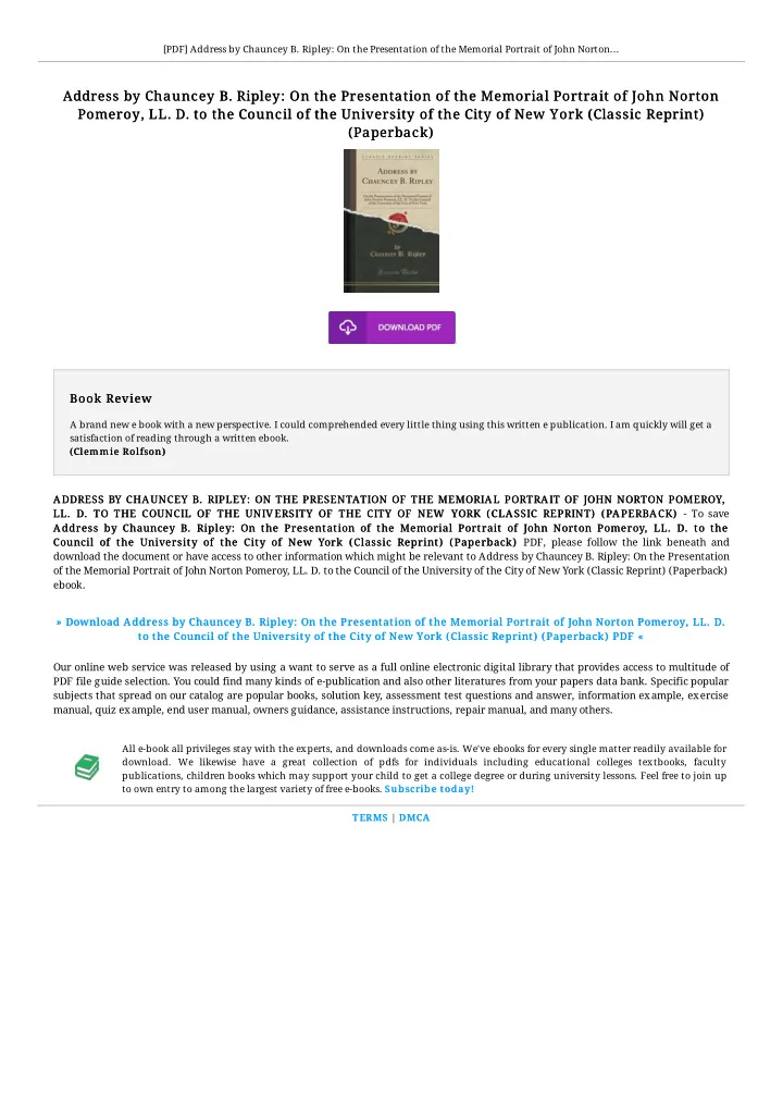 address by chauncey b ripley on the presentation of the