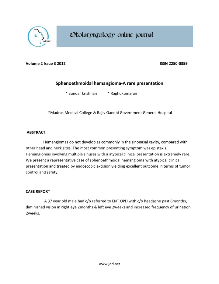 sphenoethmoidal hemangioma a rare presentation