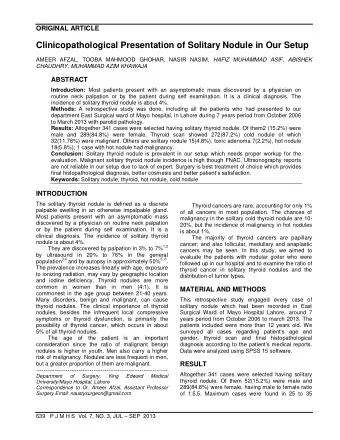 Clinicopathological Presentation of Solitary Nodule in Our Setup AMEER AFZAL, TOOBA MAHMOOD GHOHAR,