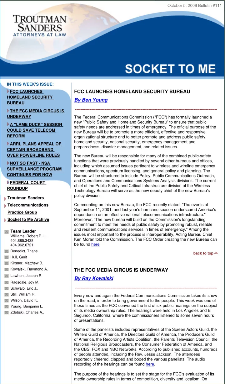 in this week s issue fcc launches fcc launches homeland