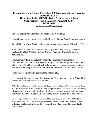 Presentation to the Science, Technology &amp; Telecommunications Committee  November 3, 2015  By