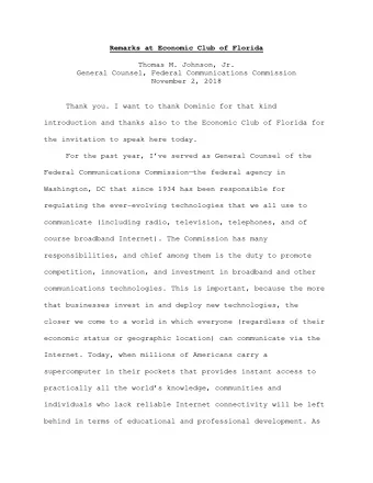 Remarks at Economic Club of Florida  Thomas M. Johnson, Jr.  General Counsel, Federal