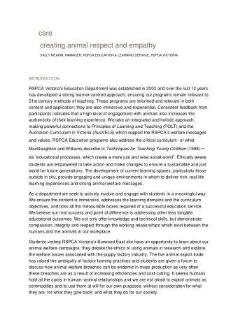 care  creating animal respect and empathy  SALLY MEAKIN, MANAGER, RSPCA EDUCATION &amp; LEARNING