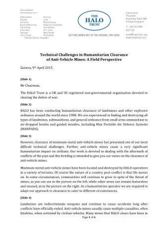 Technical Challenges in Humanitarian Clearance of Anti  Vehicle Mines: A Field Perspective