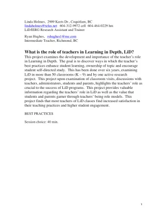 The  Role  of  Teachers  in  Learning  in  Depth    By  Linda  Holmes