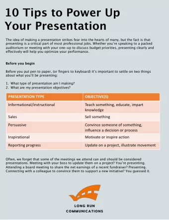 10 Tips to Power Up  Your Presentation  The idea of making a presentation strikes fear into the