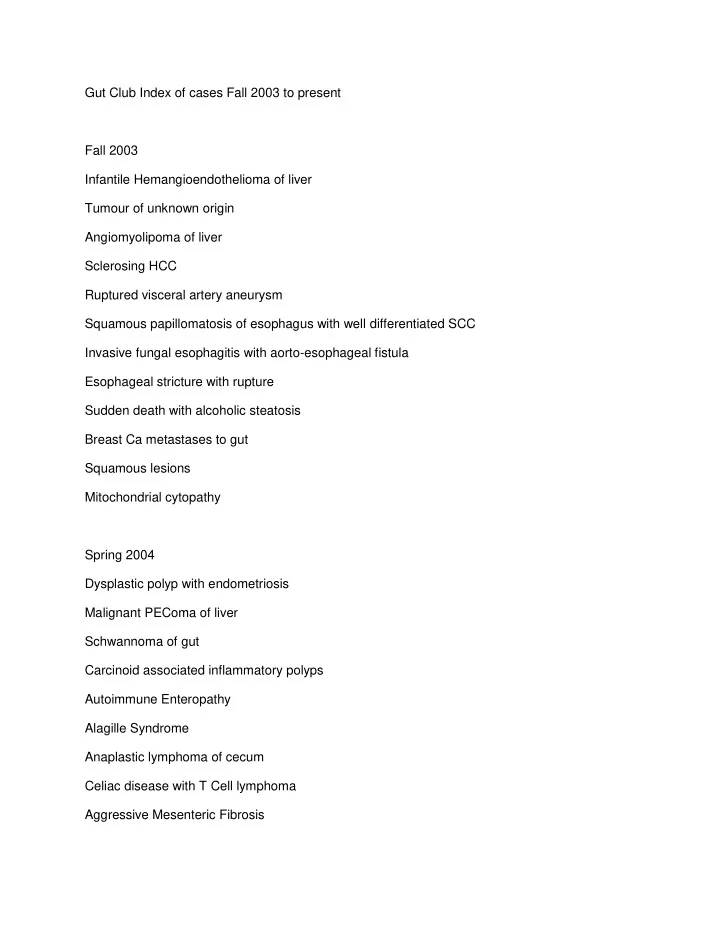 gut club index of cases fall 2003 to present fall 2003