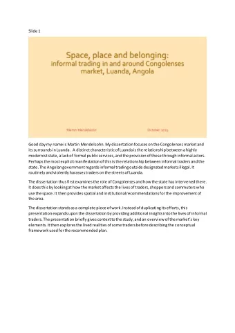 Slide 1  Good day my name is Martin Mendelsohn. My dissertation focuses on the Congolenses market