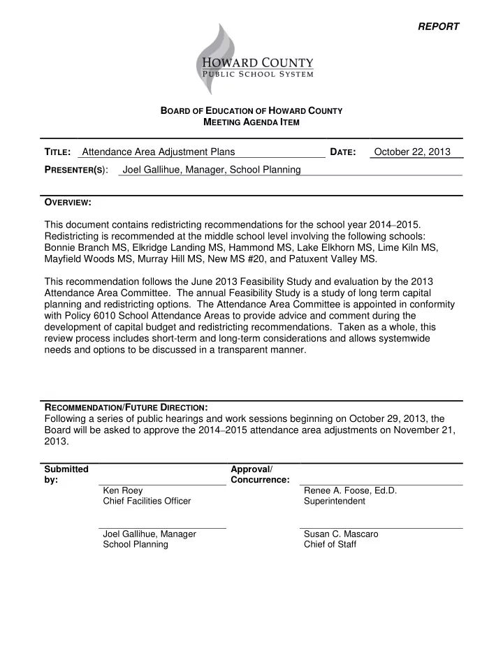 report b oard of e ducation of h oward c ounty m eeting a