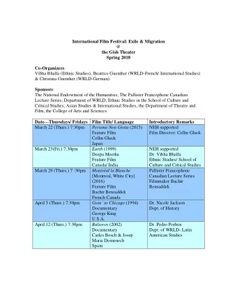 International Film Festival: Exile &amp; Migration  @  the Gish Theater  Spring 2018 Co-Organizers