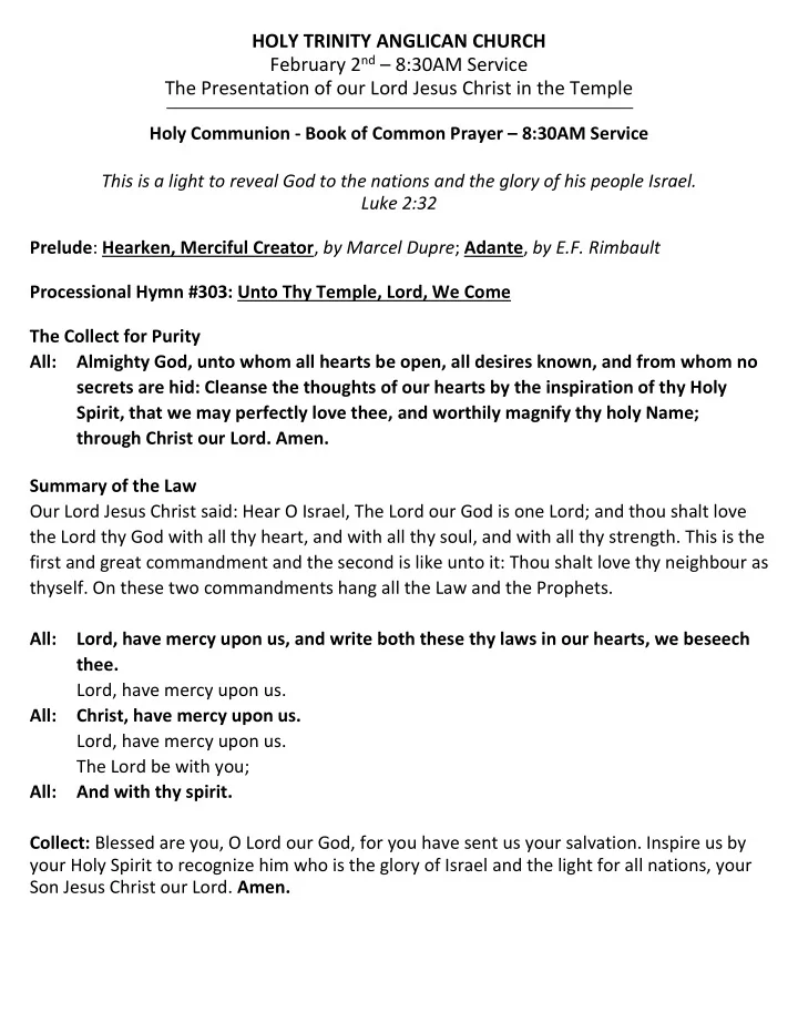 holy trinity anglican church february 2 nd 8 30am service