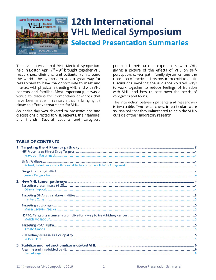 1 2th international vhl medical symposium