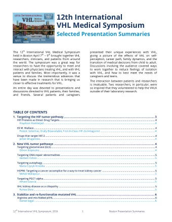1 2th International  VHL Medical Symposium  Selected Presentation Summaries The 12 th International