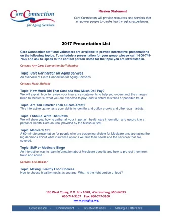 2017 Presentation List  Care Connection staff and volunteers are available to provide informative