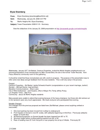 Page 1 of 5 Elyse Eisenberg From:  Elyse Eisenberg [eisenberg@earthlink.net] Sent:  Wednesday,