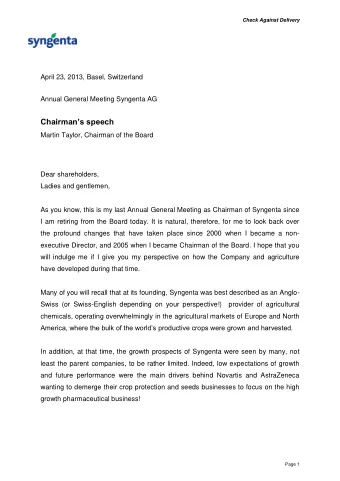 Chairmans speech  Martin Taylor, Chairman of the Board  Dear shareholders,  Ladies and